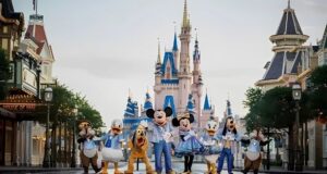 Imagem do Magic Kingdom, com os personagens na frente do castelo