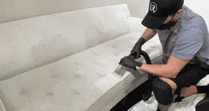 Empresário brasileiro limpando estofados nos EUA, exemplo de empreendedorismo no exterior