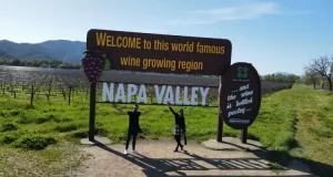 Casal na frente do letreiro um vinhedo em Napa Valley